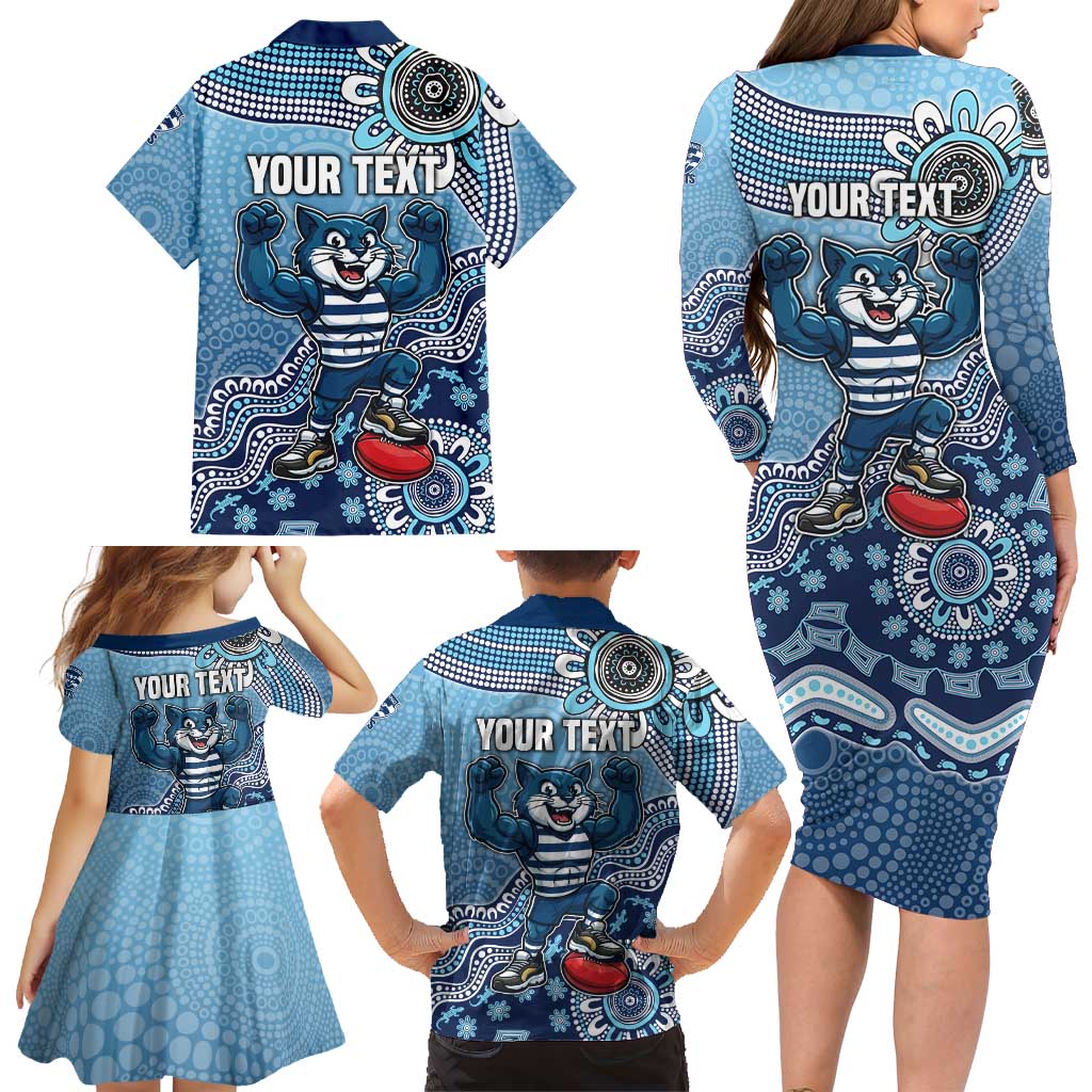 Personalized Geelong Cats Football Mascot Family Matching Long Sleeve Bodycon Dress and Hawaiian Shirt Aboriginal Dot Art Style Vibrant Indigenous Pattern Design