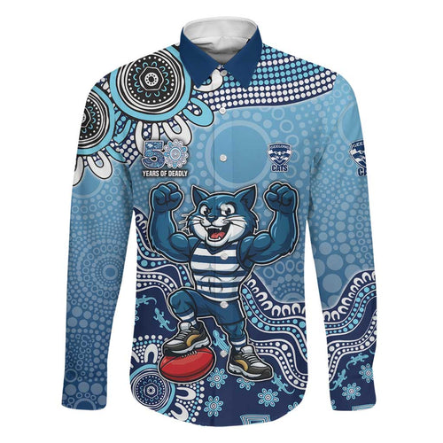 Personalized Geelong Cats Football Mascot Family Matching Long Sleeve Bodycon Dress and Hawaiian Shirt Aboriginal Dot Art Style Vibrant Indigenous Pattern Design