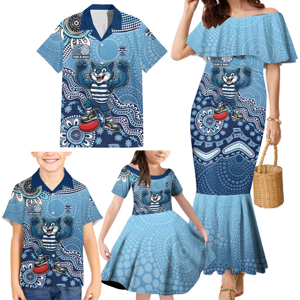 Personalized Geelong Cats Football Mascot Family Matching Mermaid Dress and Hawaiian Shirt Aboriginal Dot Art Style Vibrant Indigenous Pattern Design