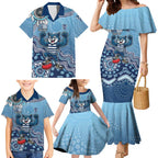 Personalized Geelong Cats Football Mascot Family Matching Mermaid Dress and Hawaiian Shirt Aboriginal Dot Art Style Vibrant Indigenous Pattern Design