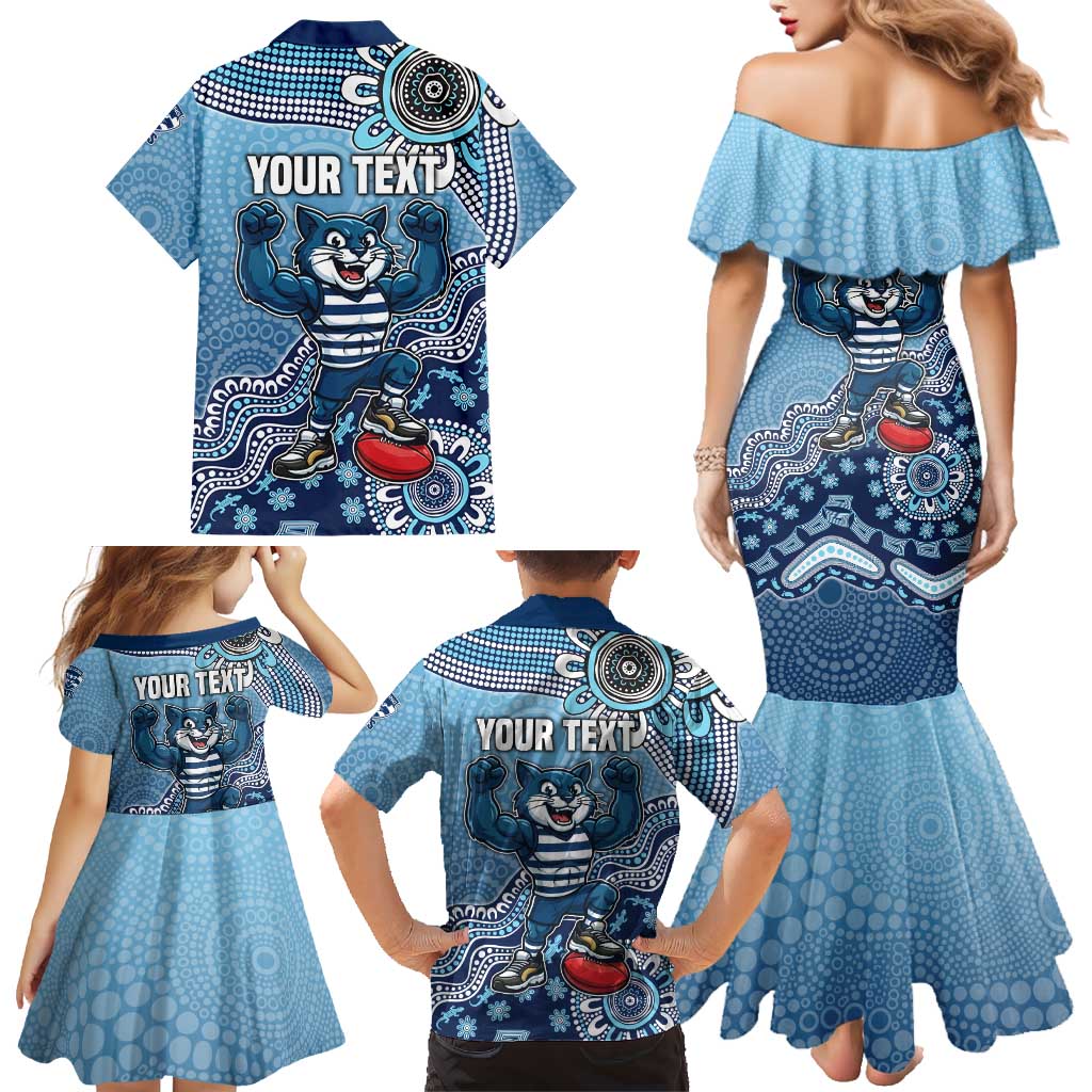 Personalized Geelong Cats Football Mascot Family Matching Mermaid Dress and Hawaiian Shirt Aboriginal Dot Art Style Vibrant Indigenous Pattern Design