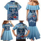 Personalized Geelong Cats Football Mascot Family Matching Mermaid Dress and Hawaiian Shirt Aboriginal Dot Art Style Vibrant Indigenous Pattern Design