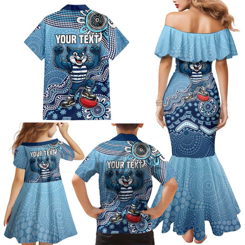 Personalized Geelong Cats Football Mascot Family Matching Mermaid Dress and Hawaiian Shirt Aboriginal Dot Art Style Vibrant Indigenous Pattern Design