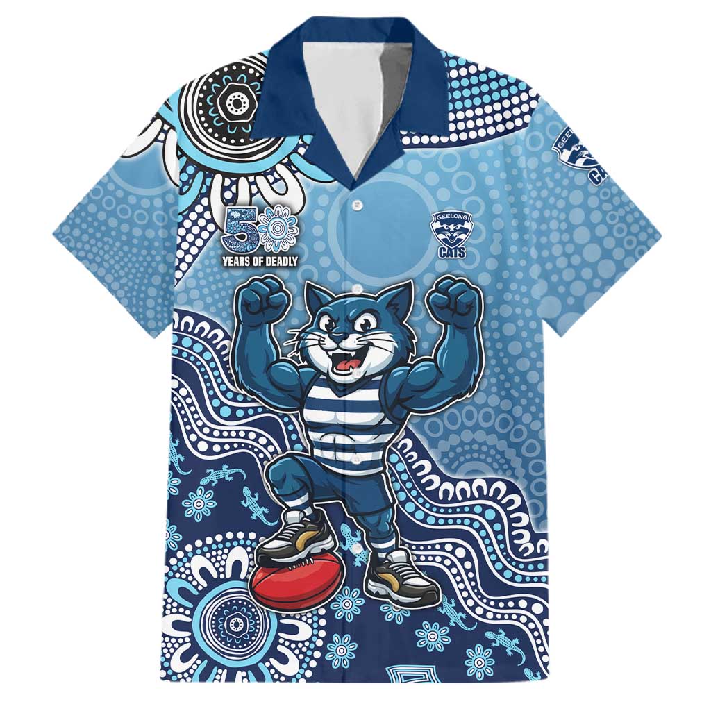 Personalized Geelong Cats Football Mascot Family Matching Mermaid Dress and Hawaiian Shirt Aboriginal Dot Art Style Vibrant Indigenous Pattern Design