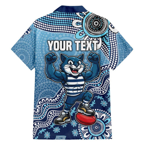 Personalized Geelong Cats Football Mascot Family Matching Mermaid Dress and Hawaiian Shirt Aboriginal Dot Art Style Vibrant Indigenous Pattern Design