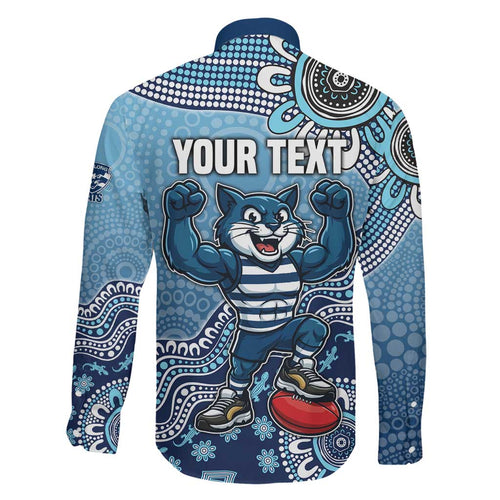 Personalized Geelong Cats Football Mascot Family Matching Mermaid Dress and Hawaiian Shirt Aboriginal Dot Art Style Vibrant Indigenous Pattern Design