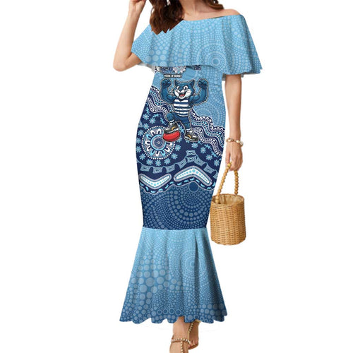 Personalized Geelong Cats Football Mascot Family Matching Mermaid Dress and Hawaiian Shirt Aboriginal Dot Art Style Vibrant Indigenous Pattern Design