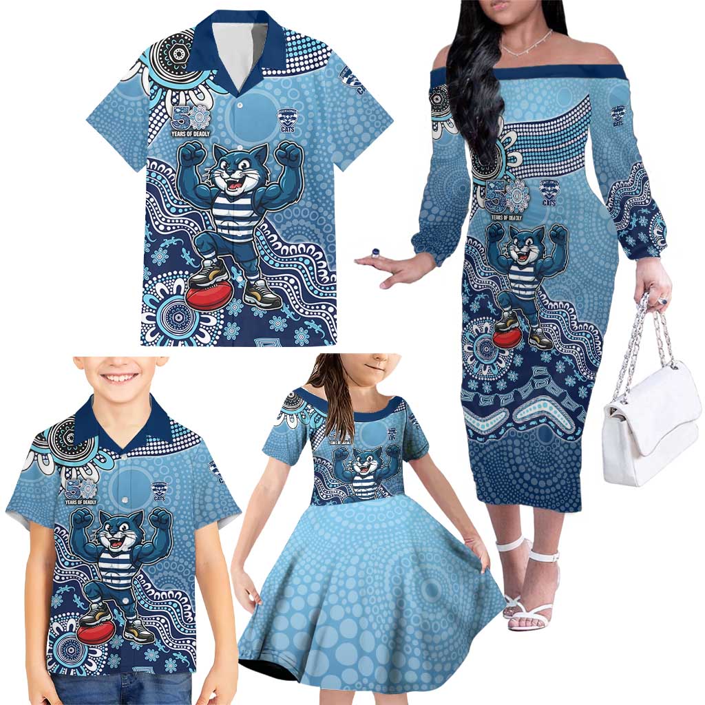 Personalized Geelong Cats Football Mascot Family Matching Off The Shoulder Long Sleeve Dress and Hawaiian Shirt Aboriginal Dot Art Style Vibrant Indigenous Pattern Design