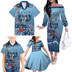 Personalized Geelong Cats Football Mascot Family Matching Off The Shoulder Long Sleeve Dress and Hawaiian Shirt Aboriginal Dot Art Style Vibrant Indigenous Pattern Design