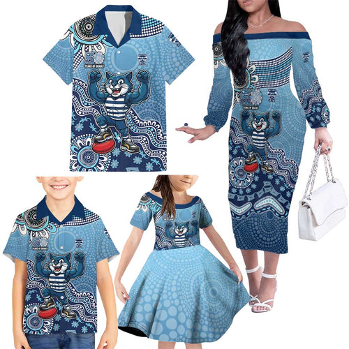 Personalized Geelong Cats Football Mascot Family Matching Off The Shoulder Long Sleeve Dress and Hawaiian Shirt Aboriginal Dot Art Style Vibrant Indigenous Pattern Design