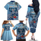 Personalized Geelong Cats Football Mascot Family Matching Off The Shoulder Long Sleeve Dress and Hawaiian Shirt Aboriginal Dot Art Style Vibrant Indigenous Pattern Design