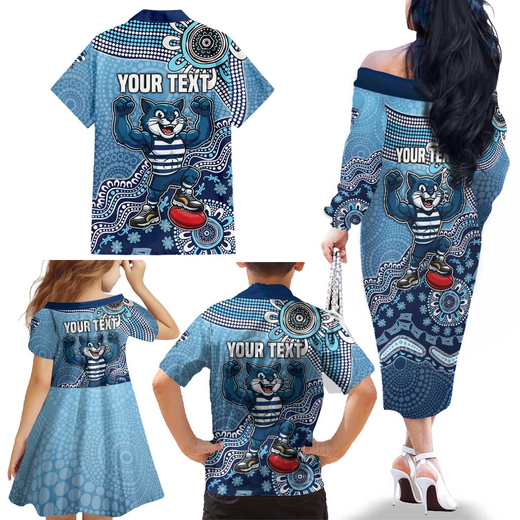 Personalized Geelong Cats Football Mascot Family Matching Off The Shoulder Long Sleeve Dress and Hawaiian Shirt Aboriginal Dot Art Style Vibrant Indigenous Pattern Design