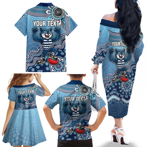 Personalized Geelong Cats Football Mascot Family Matching Off The Shoulder Long Sleeve Dress and Hawaiian Shirt Aboriginal Dot Art Style Vibrant Indigenous Pattern Design
