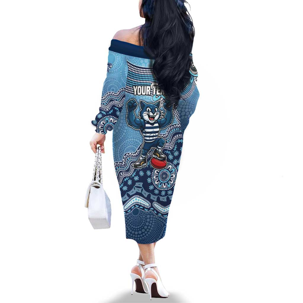 Personalized Geelong Cats Football Mascot Family Matching Off The Shoulder Long Sleeve Dress and Hawaiian Shirt Aboriginal Dot Art Style Vibrant Indigenous Pattern Design