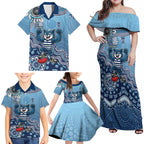 Personalized Geelong Cats Football Mascot Family Matching Off Shoulder Maxi Dress and Hawaiian Shirt Aboriginal Dot Art Style Vibrant Indigenous Pattern Design