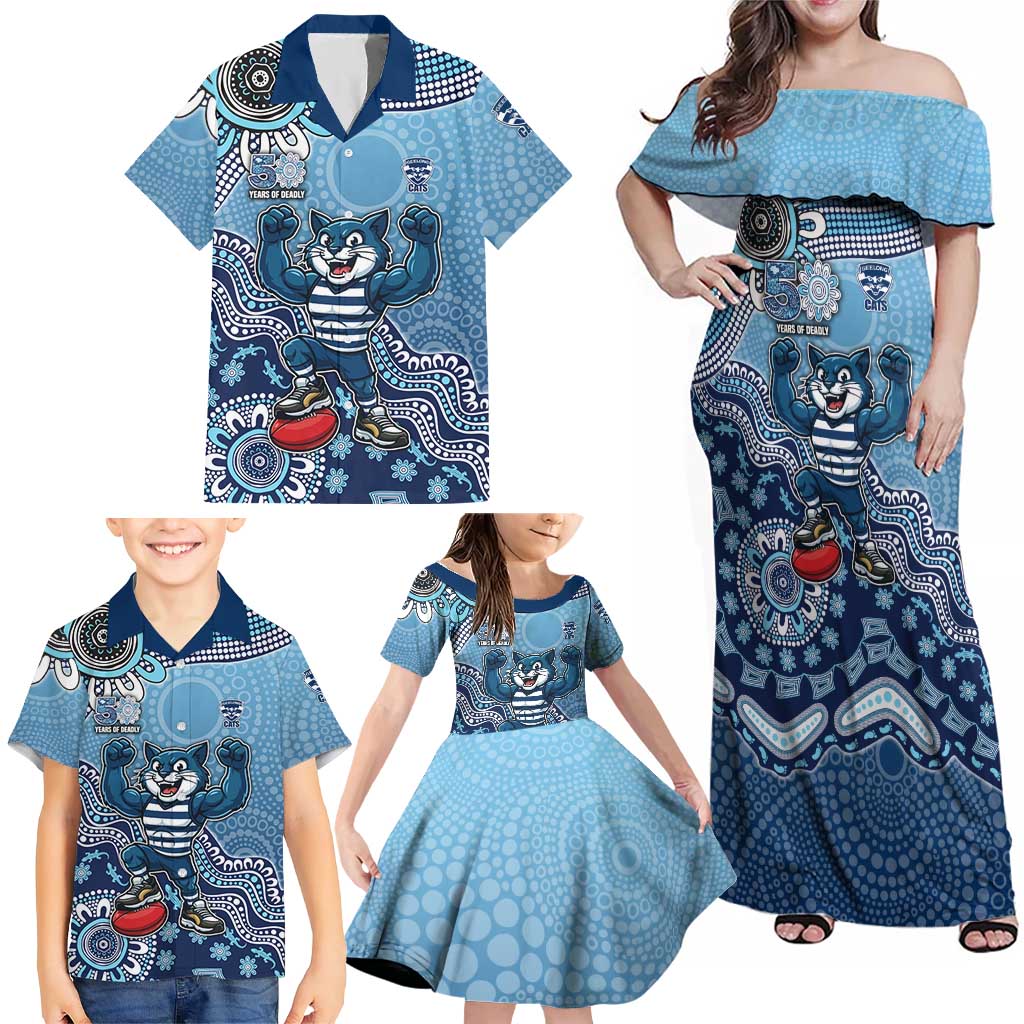 Personalized Geelong Cats Football Mascot Family Matching Off Shoulder Maxi Dress and Hawaiian Shirt Aboriginal Dot Art Style Vibrant Indigenous Pattern Design