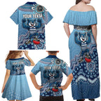 Personalized Geelong Cats Football Mascot Family Matching Off Shoulder Maxi Dress and Hawaiian Shirt Aboriginal Dot Art Style Vibrant Indigenous Pattern Design