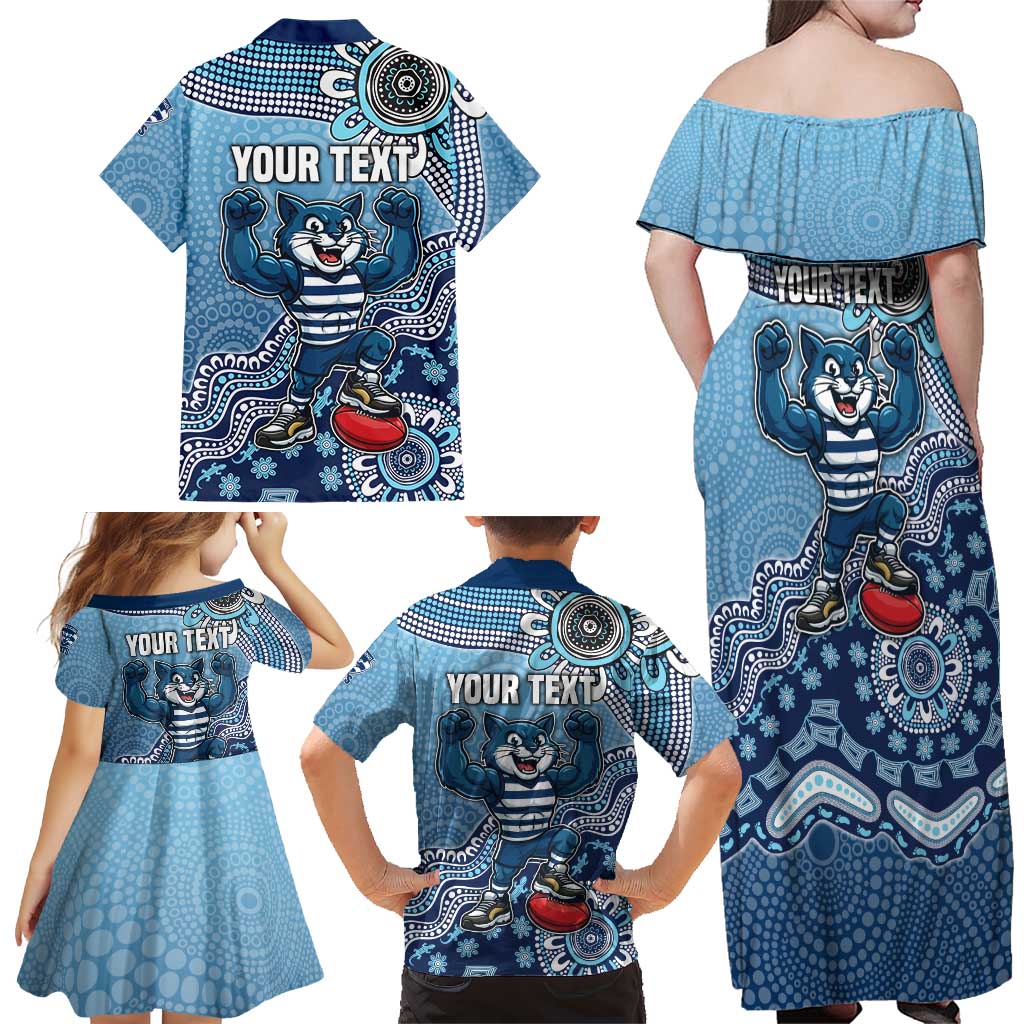 Personalized Geelong Cats Football Mascot Family Matching Off Shoulder Maxi Dress and Hawaiian Shirt Aboriginal Dot Art Style Vibrant Indigenous Pattern Design