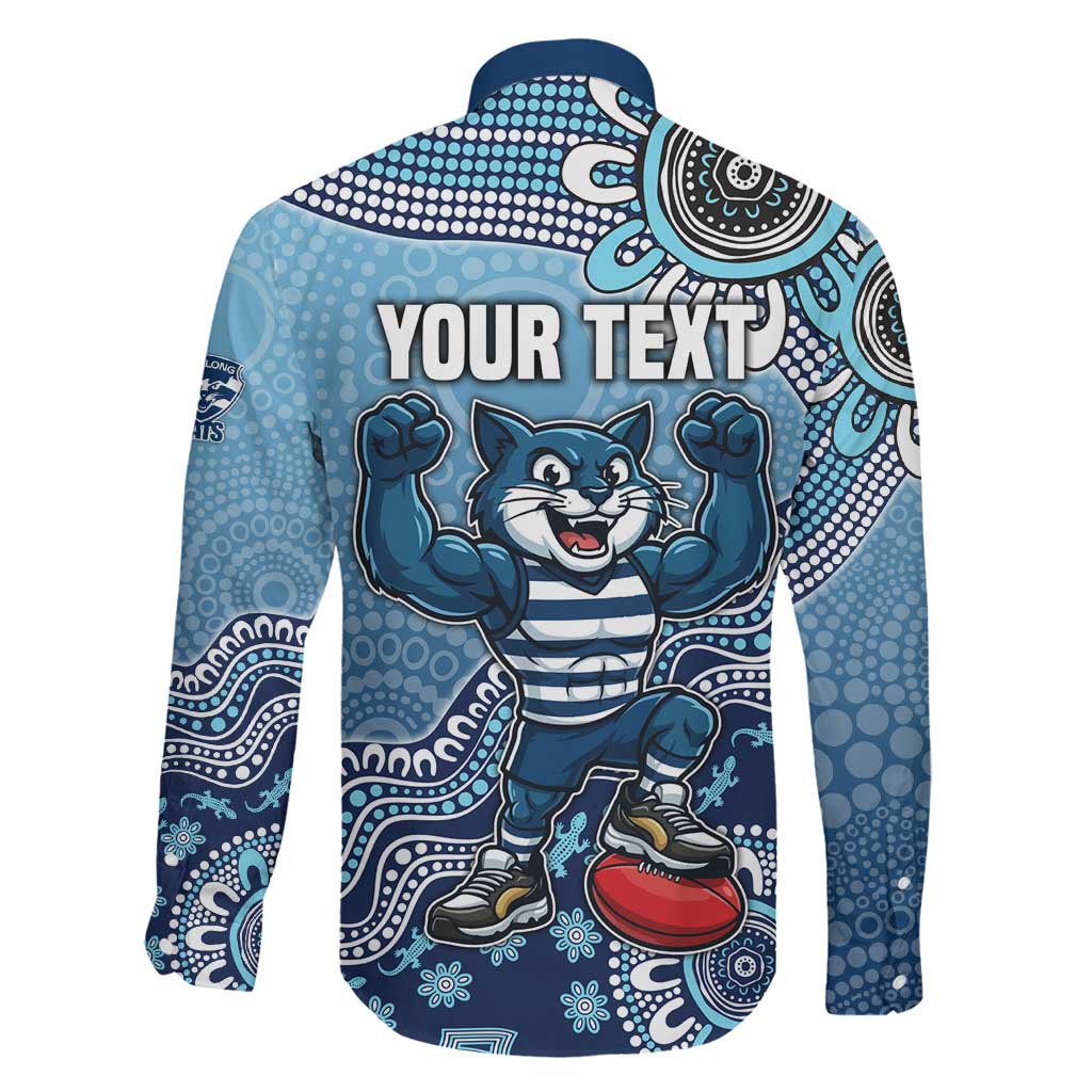 Personalized Geelong Cats Football Mascot Family Matching Off Shoulder Maxi Dress and Hawaiian Shirt Aboriginal Dot Art Style Vibrant Indigenous Pattern Design