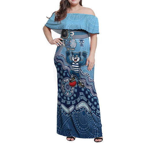 Personalized Geelong Cats Football Mascot Family Matching Off Shoulder Maxi Dress and Hawaiian Shirt Aboriginal Dot Art Style Vibrant Indigenous Pattern Design