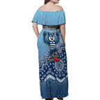 Personalized Geelong Cats Football Mascot Family Matching Off Shoulder Maxi Dress and Hawaiian Shirt Aboriginal Dot Art Style Vibrant Indigenous Pattern Design