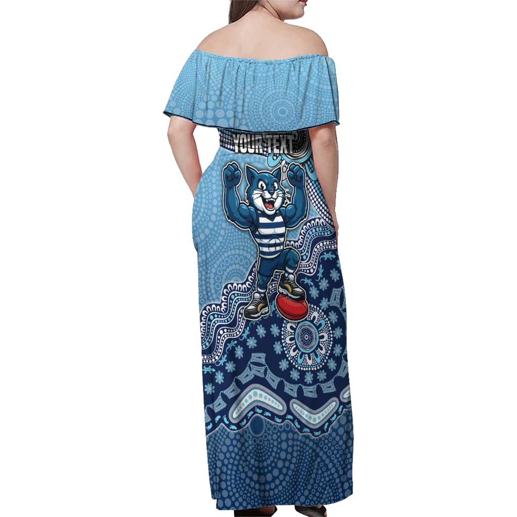 Personalized Geelong Cats Football Mascot Family Matching Off Shoulder Maxi Dress and Hawaiian Shirt Aboriginal Dot Art Style Vibrant Indigenous Pattern Design