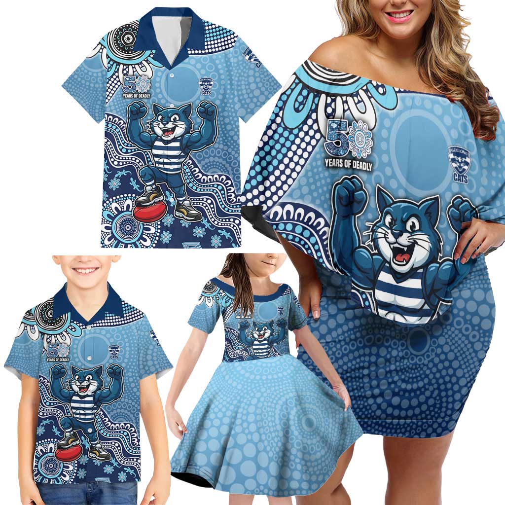 Personalized Geelong Cats Football Mascot Family Matching Off Shoulder Short Dress and Hawaiian Shirt Aboriginal Dot Art Style Vibrant Indigenous Pattern Design
