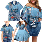 Personalized Geelong Cats Football Mascot Family Matching Off Shoulder Short Dress and Hawaiian Shirt Aboriginal Dot Art Style Vibrant Indigenous Pattern Design