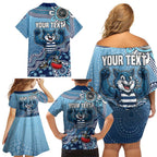 Personalized Geelong Cats Football Mascot Family Matching Off Shoulder Short Dress and Hawaiian Shirt Aboriginal Dot Art Style Vibrant Indigenous Pattern Design