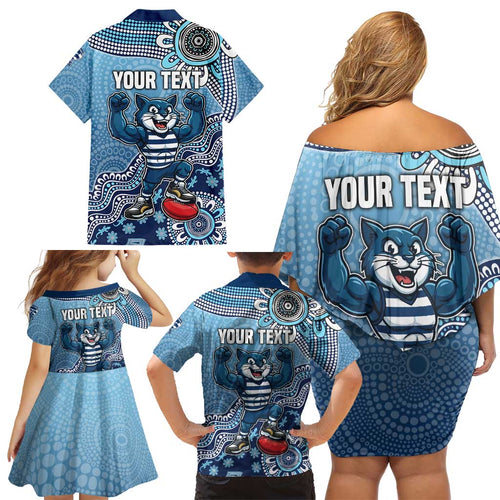 Personalized Geelong Cats Football Mascot Family Matching Off Shoulder Short Dress and Hawaiian Shirt Aboriginal Dot Art Style Vibrant Indigenous Pattern Design
