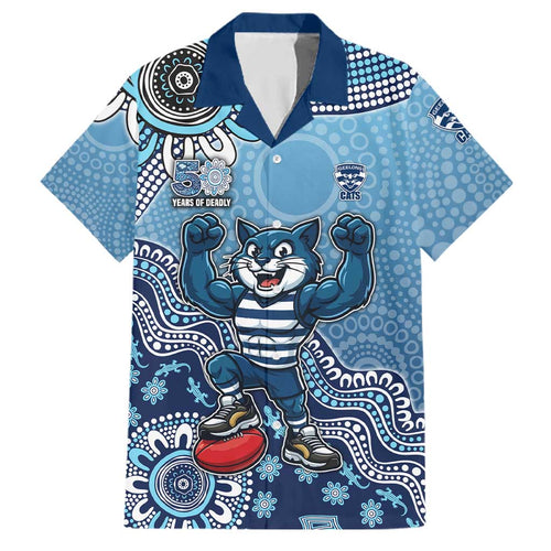 Personalized Geelong Cats Football Mascot Family Matching Off Shoulder Short Dress and Hawaiian Shirt Aboriginal Dot Art Style Vibrant Indigenous Pattern Design