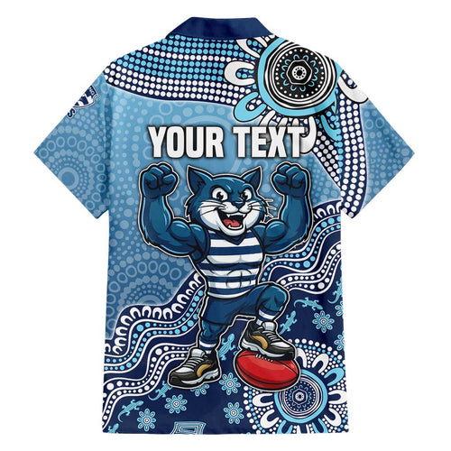 Personalized Geelong Cats Football Mascot Family Matching Off Shoulder Short Dress and Hawaiian Shirt Aboriginal Dot Art Style Vibrant Indigenous Pattern Design