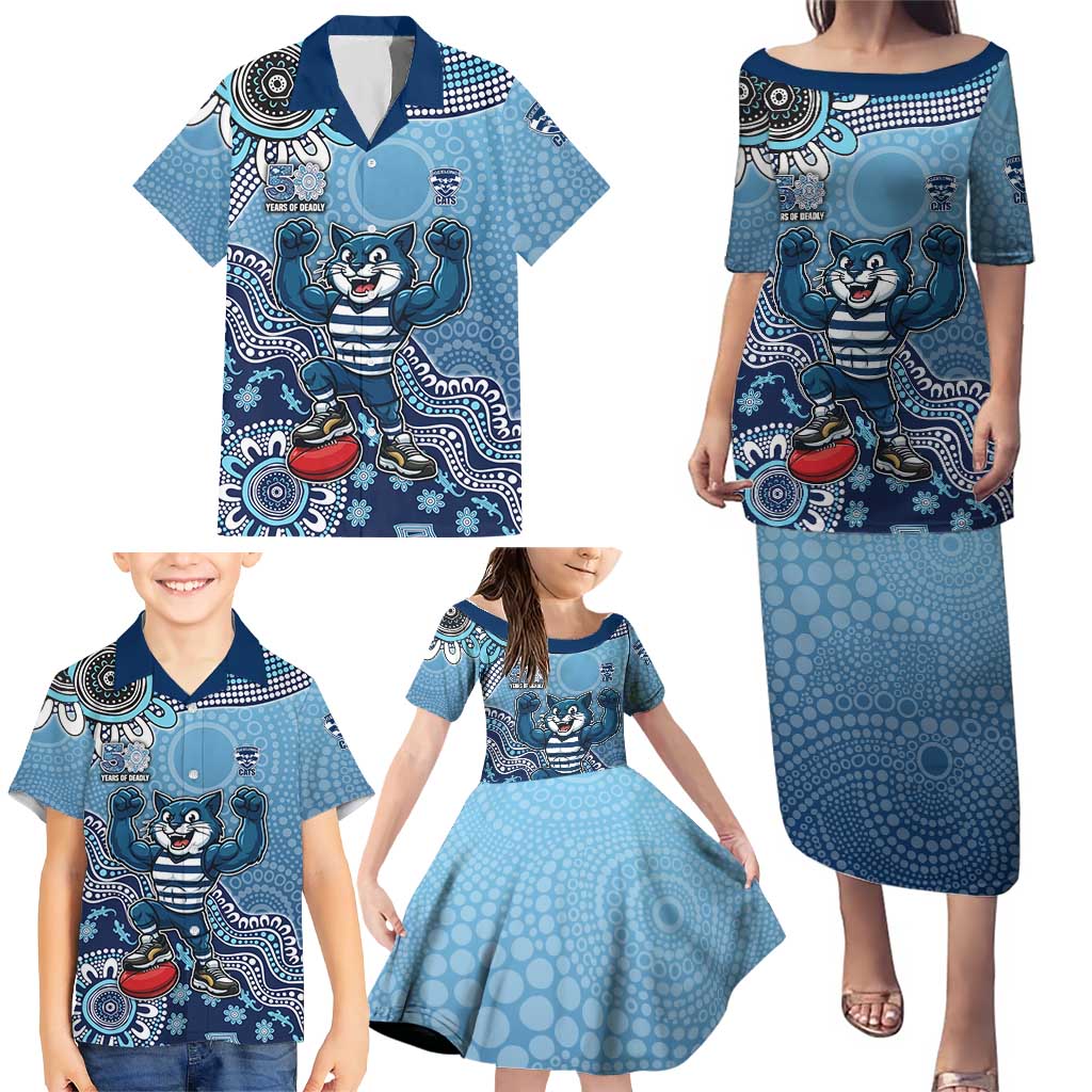 Personalized Geelong Cats Football Mascot Family Matching Puletasi and Hawaiian Shirt Aboriginal Dot Art Style Vibrant Indigenous Pattern Design