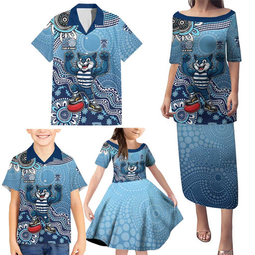 Personalized Geelong Cats Football Mascot Family Matching Puletasi and Hawaiian Shirt Aboriginal Dot Art Style Vibrant Indigenous Pattern Design