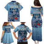 Personalized Geelong Cats Football Mascot Family Matching Puletasi and Hawaiian Shirt Aboriginal Dot Art Style Vibrant Indigenous Pattern Design
