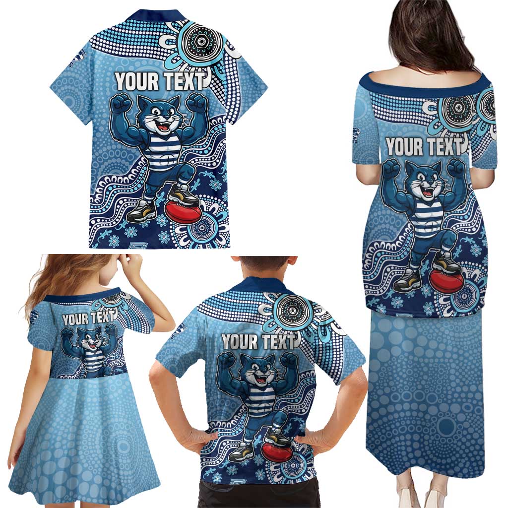 Personalized Geelong Cats Football Mascot Family Matching Puletasi and Hawaiian Shirt Aboriginal Dot Art Style Vibrant Indigenous Pattern Design