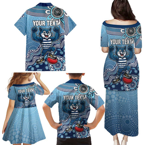 Personalized Geelong Cats Football Mascot Family Matching Puletasi and Hawaiian Shirt Aboriginal Dot Art Style Vibrant Indigenous Pattern Design