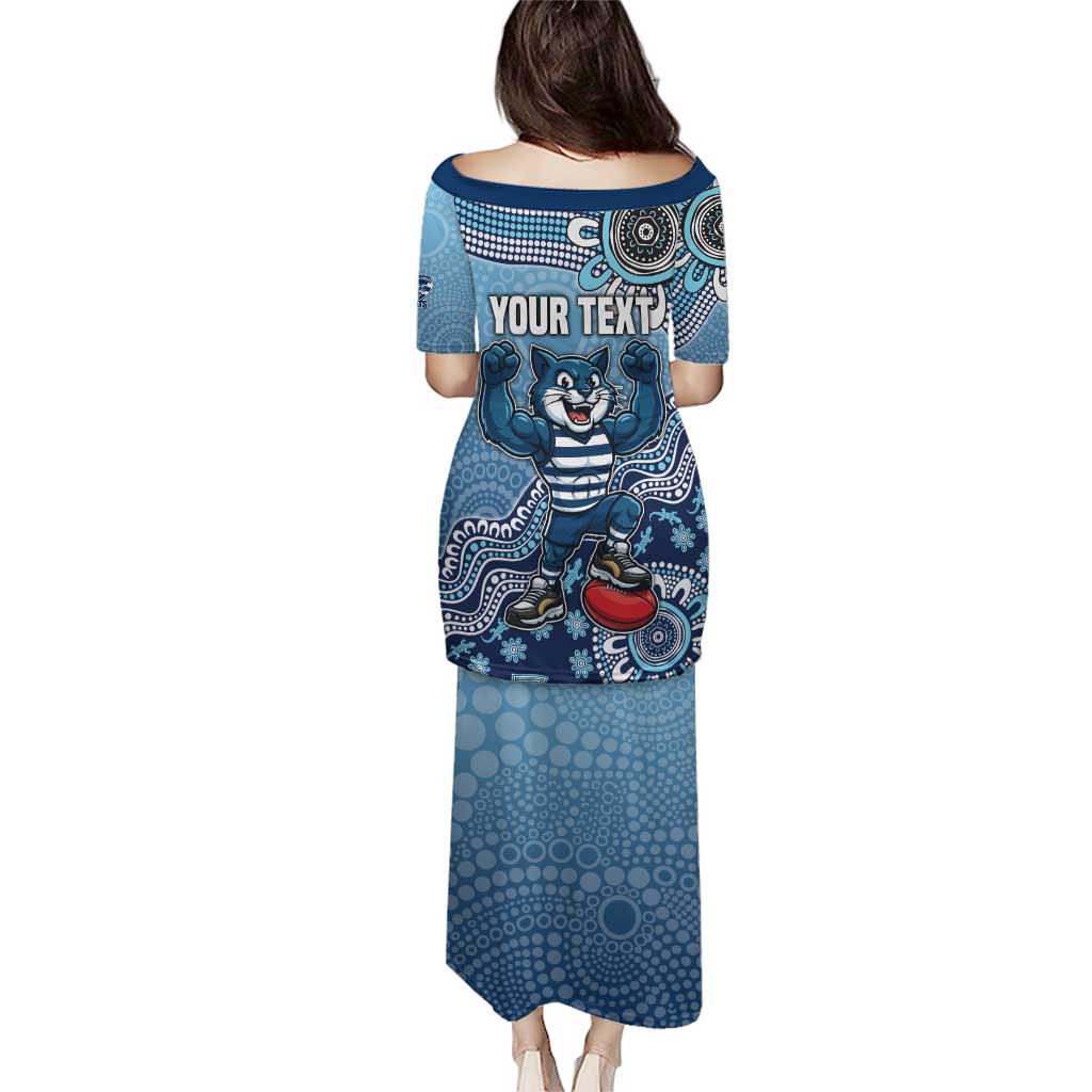 Personalized Geelong Cats Football Mascot Family Matching Puletasi and Hawaiian Shirt Aboriginal Dot Art Style Vibrant Indigenous Pattern Design