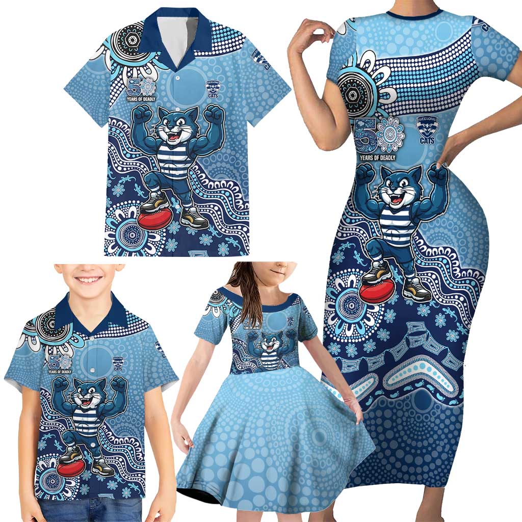 Personalized Geelong Cats Football Mascot Family Matching Short Sleeve Bodycon Dress and Hawaiian Shirt Aboriginal Dot Art Style Vibrant Indigenous Pattern Design