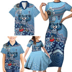 Personalized Geelong Cats Football Mascot Family Matching Short Sleeve Bodycon Dress and Hawaiian Shirt Aboriginal Dot Art Style Vibrant Indigenous Pattern Design