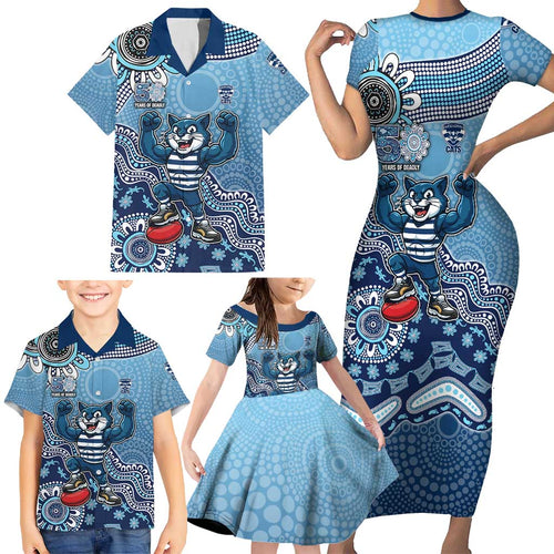 Personalized Geelong Cats Football Mascot Family Matching Short Sleeve Bodycon Dress and Hawaiian Shirt Aboriginal Dot Art Style Vibrant Indigenous Pattern Design