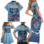 Personalized Geelong Cats Football Mascot Family Matching Short Sleeve Bodycon Dress and Hawaiian Shirt Aboriginal Dot Art Style Vibrant Indigenous Pattern Design