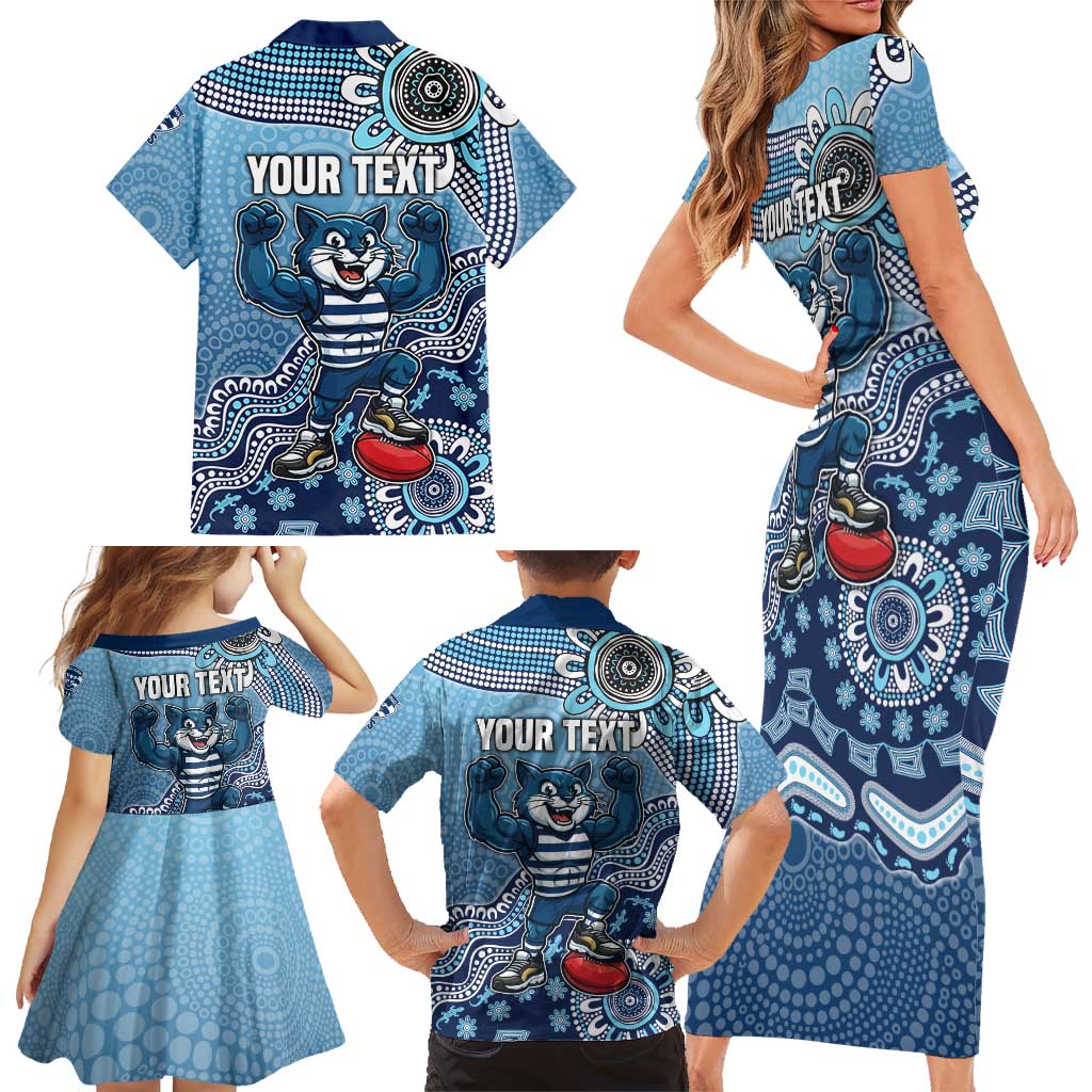 Personalized Geelong Cats Football Mascot Family Matching Short Sleeve Bodycon Dress and Hawaiian Shirt Aboriginal Dot Art Style Vibrant Indigenous Pattern Design