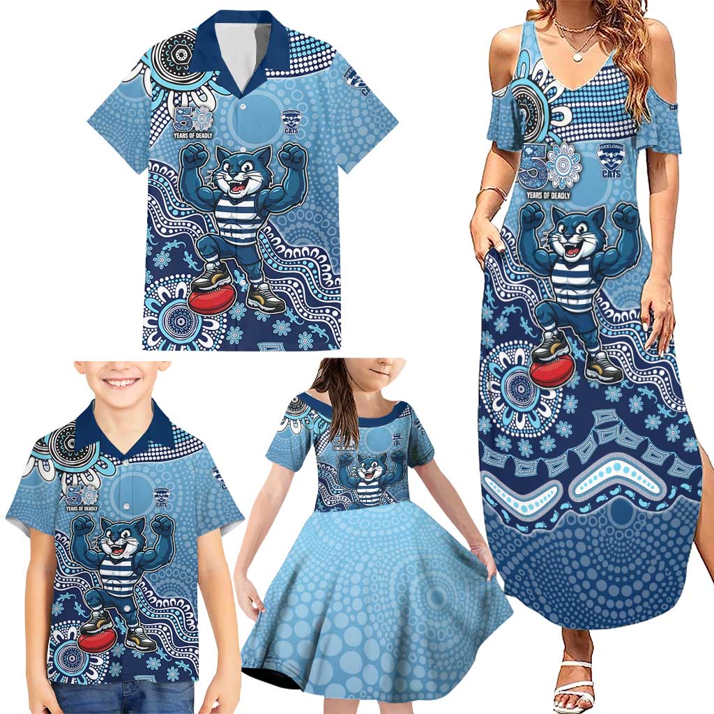 Personalized Geelong Cats Football Mascot Family Matching Summer Maxi Dress and Hawaiian Shirt Aboriginal Dot Art Style Vibrant Indigenous Pattern Design