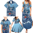 Personalized Geelong Cats Football Mascot Family Matching Summer Maxi Dress and Hawaiian Shirt Aboriginal Dot Art Style Vibrant Indigenous Pattern Design
