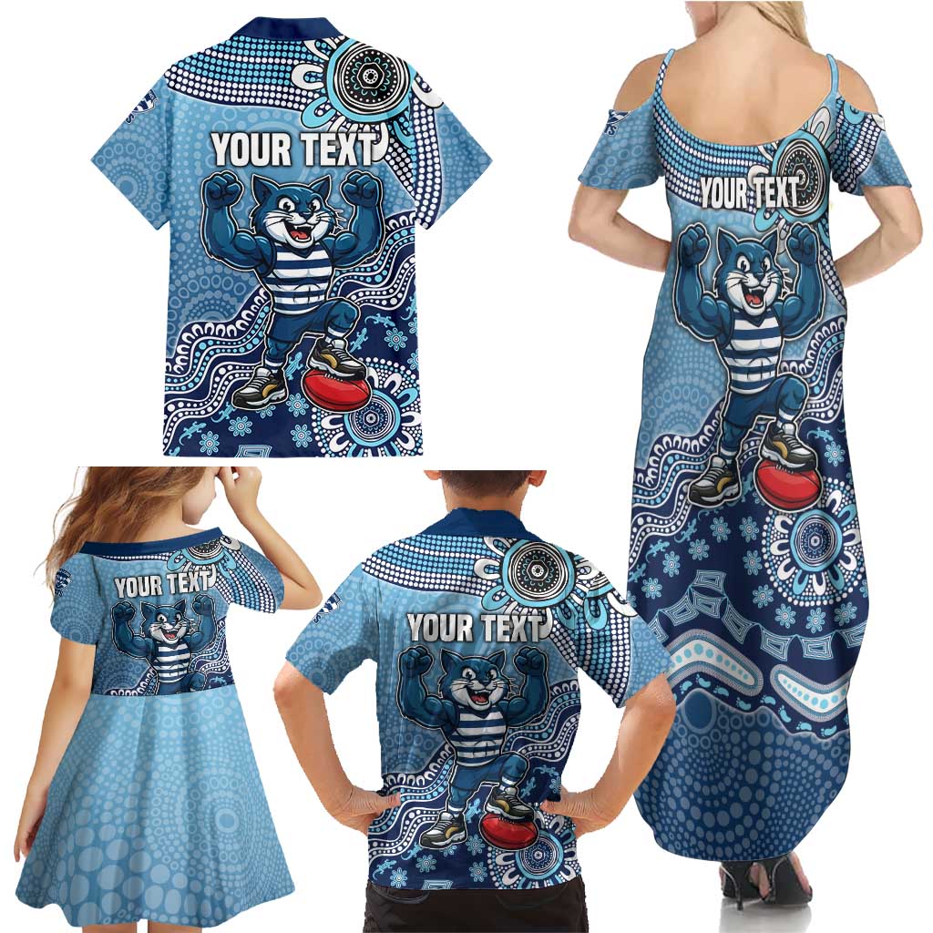 Personalized Geelong Cats Football Mascot Family Matching Summer Maxi Dress and Hawaiian Shirt Aboriginal Dot Art Style Vibrant Indigenous Pattern Design