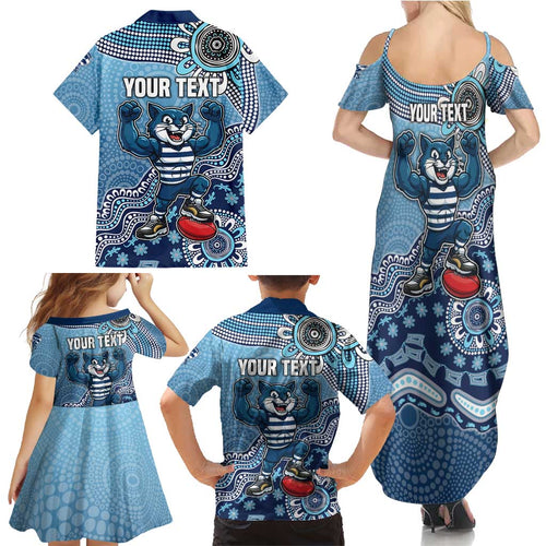 Personalized Geelong Cats Football Mascot Family Matching Summer Maxi Dress and Hawaiian Shirt Aboriginal Dot Art Style Vibrant Indigenous Pattern Design