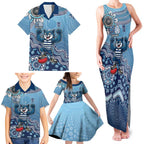 Personalized Geelong Cats Football Mascot Family Matching Tank Maxi Dress and Hawaiian Shirt Aboriginal Dot Art Style Vibrant Indigenous Pattern Design