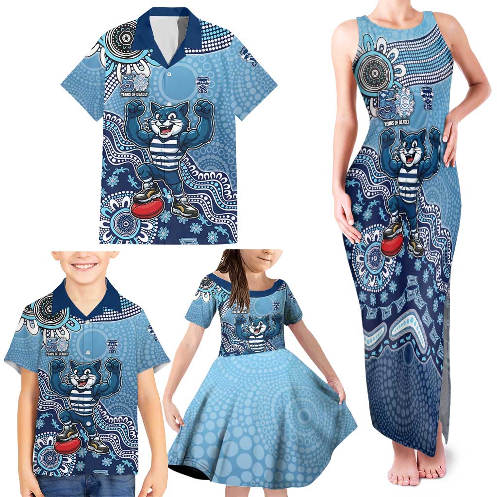 Personalized Geelong Cats Football Mascot Family Matching Tank Maxi Dress and Hawaiian Shirt Aboriginal Dot Art Style Vibrant Indigenous Pattern Design