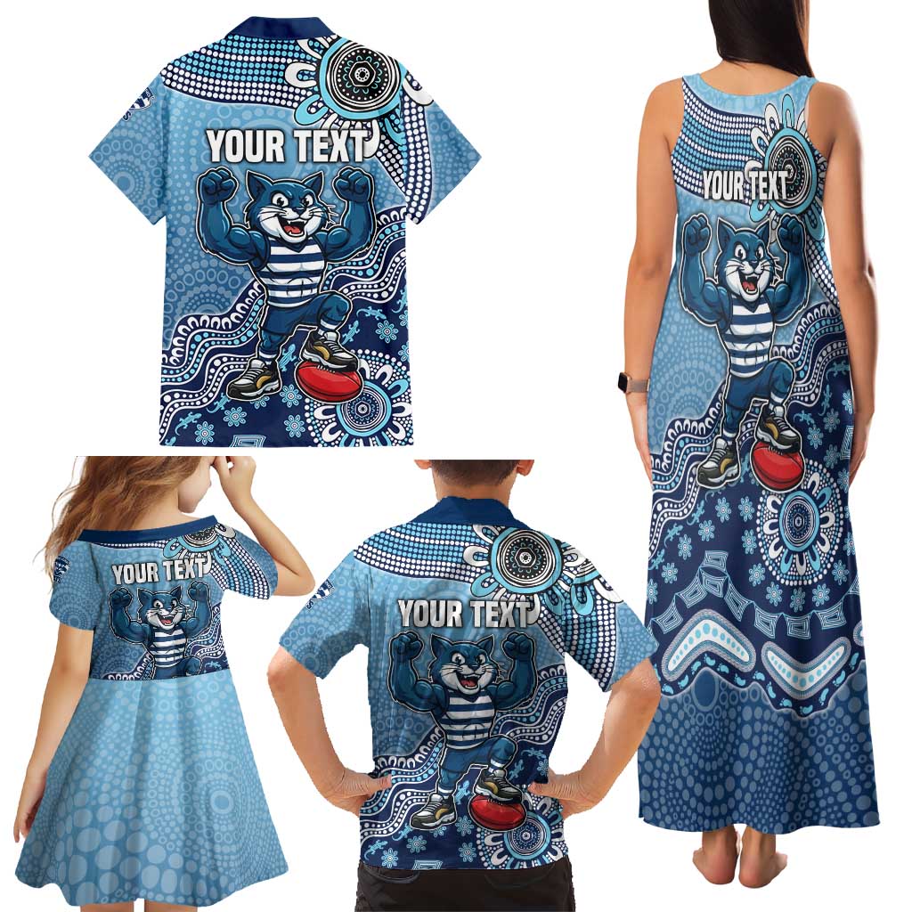 Personalized Geelong Cats Football Mascot Family Matching Tank Maxi Dress and Hawaiian Shirt Aboriginal Dot Art Style Vibrant Indigenous Pattern Design